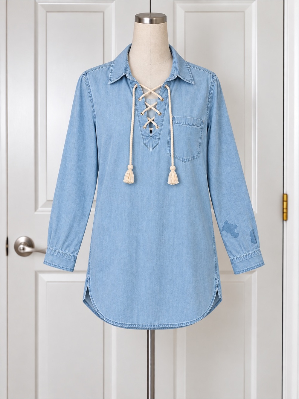 Cotton On Womens Blue Lyocell Denim Collared Lace-Up Tassel Tunic Blouse L